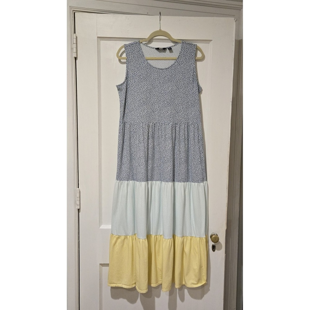 Land's‎ End Fit and Flare Maxi Dress Sleeveless Tiered Yellow Blue White Large